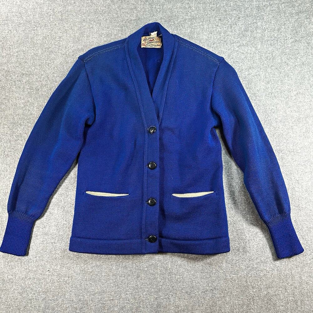 Vintage Jack Frost Utah Woolen Mills Wool Cardigan Sweater Blue Salt Lake City